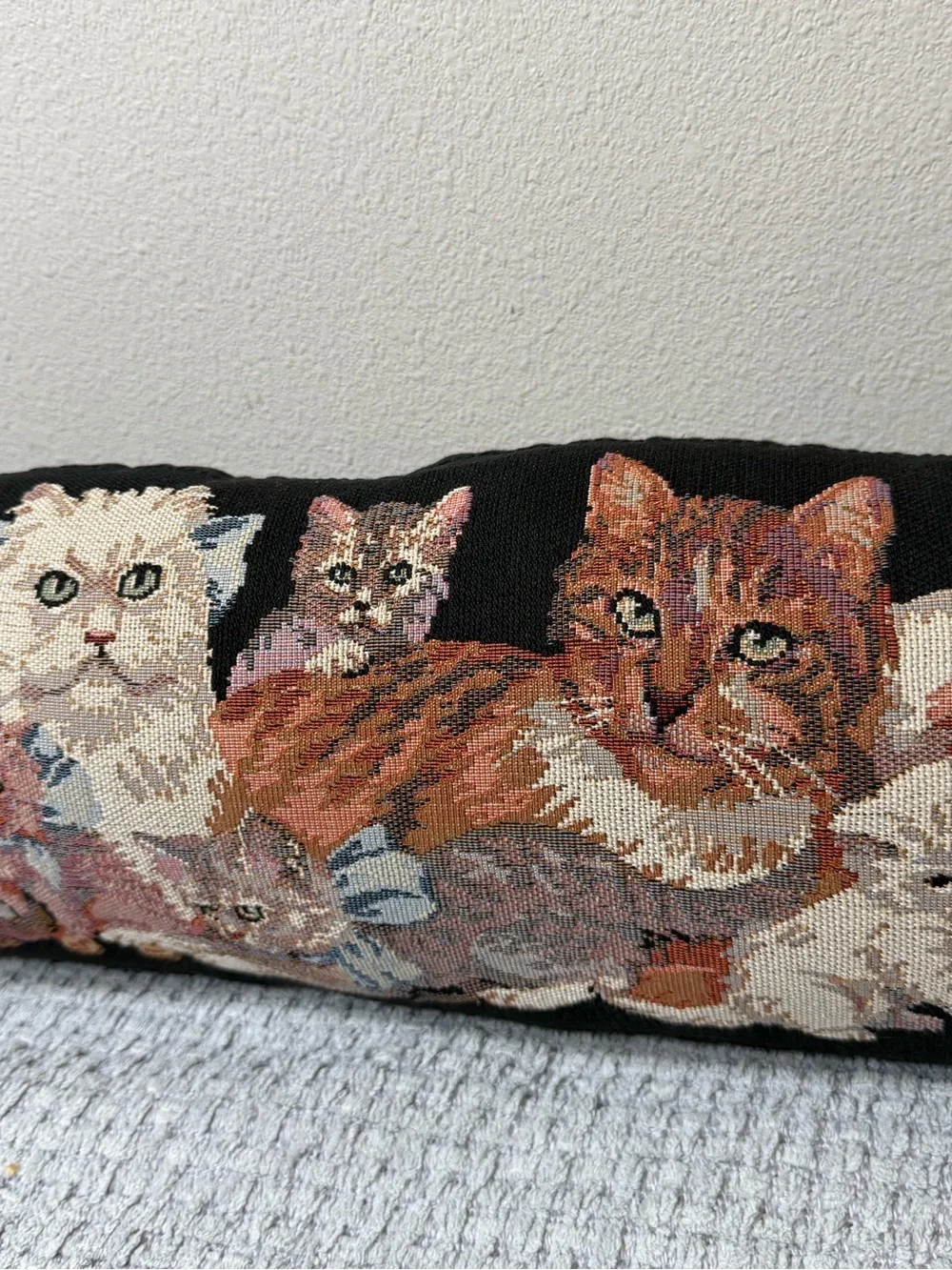 Cottagecore Kitty Cats Embroidered Tapestry Pillow Cat Decor Black Tan Ivory